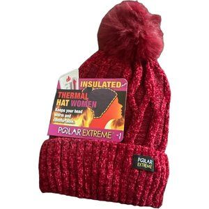 Polar Extreme Women's Thermal Lined Insulated Pom Pom Cable Knit Beanie Red